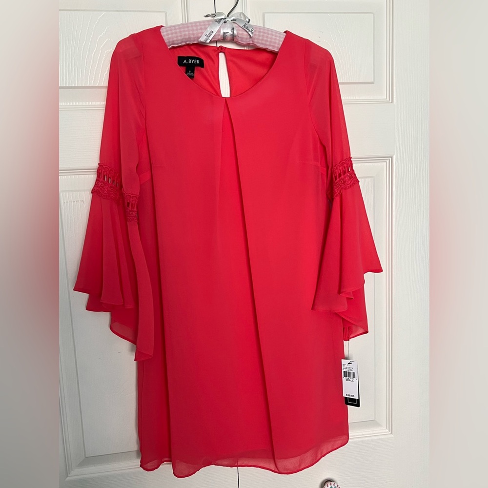 NWT A. Byer Coral Chiffon Trumpet Sleeved Dress-Size S